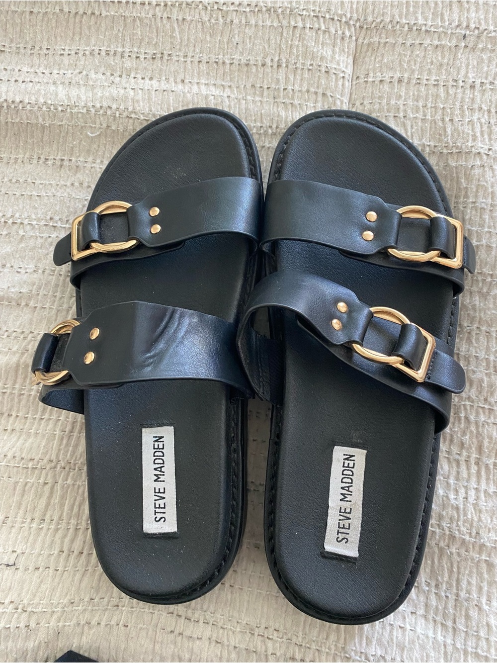 Steve Madden Black Platform Slide Sandals with Gold Buckle Detail